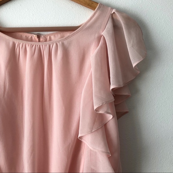 Peach Pink Mini Dress with Flutter Sleeve Detail - Picture 3 of 7